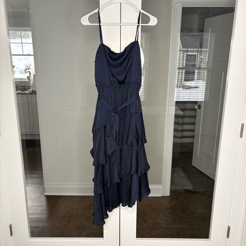 NWT Francesca’s Satin Ruffle Midi Dress Navy